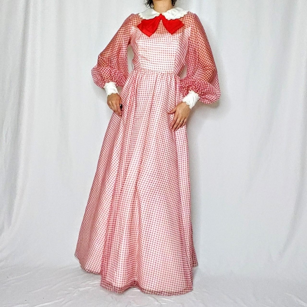 SOLD 70s gingham bishop sleeve gown - Picture 3 of 4